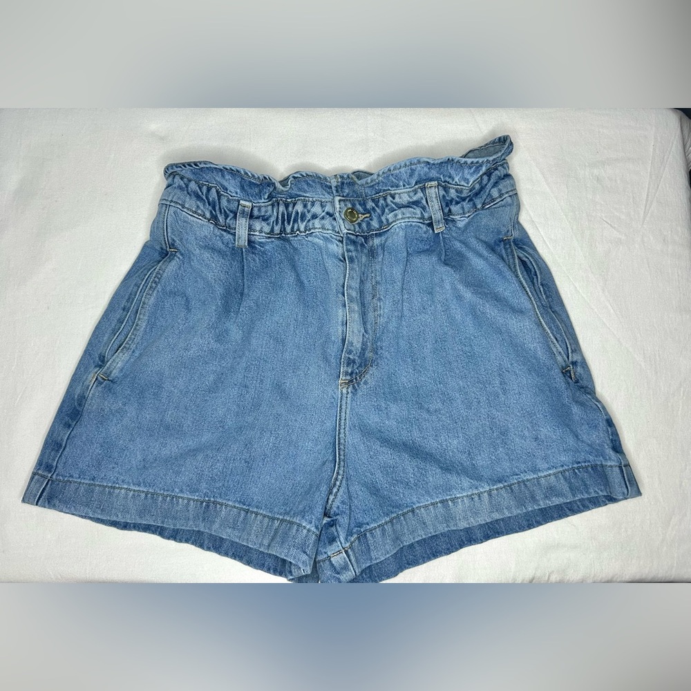 Zara Denim Paperbag Shorts Womens 10 Blue High Waist Elastic Relaxed Fit Casual - Picture 8 of 13